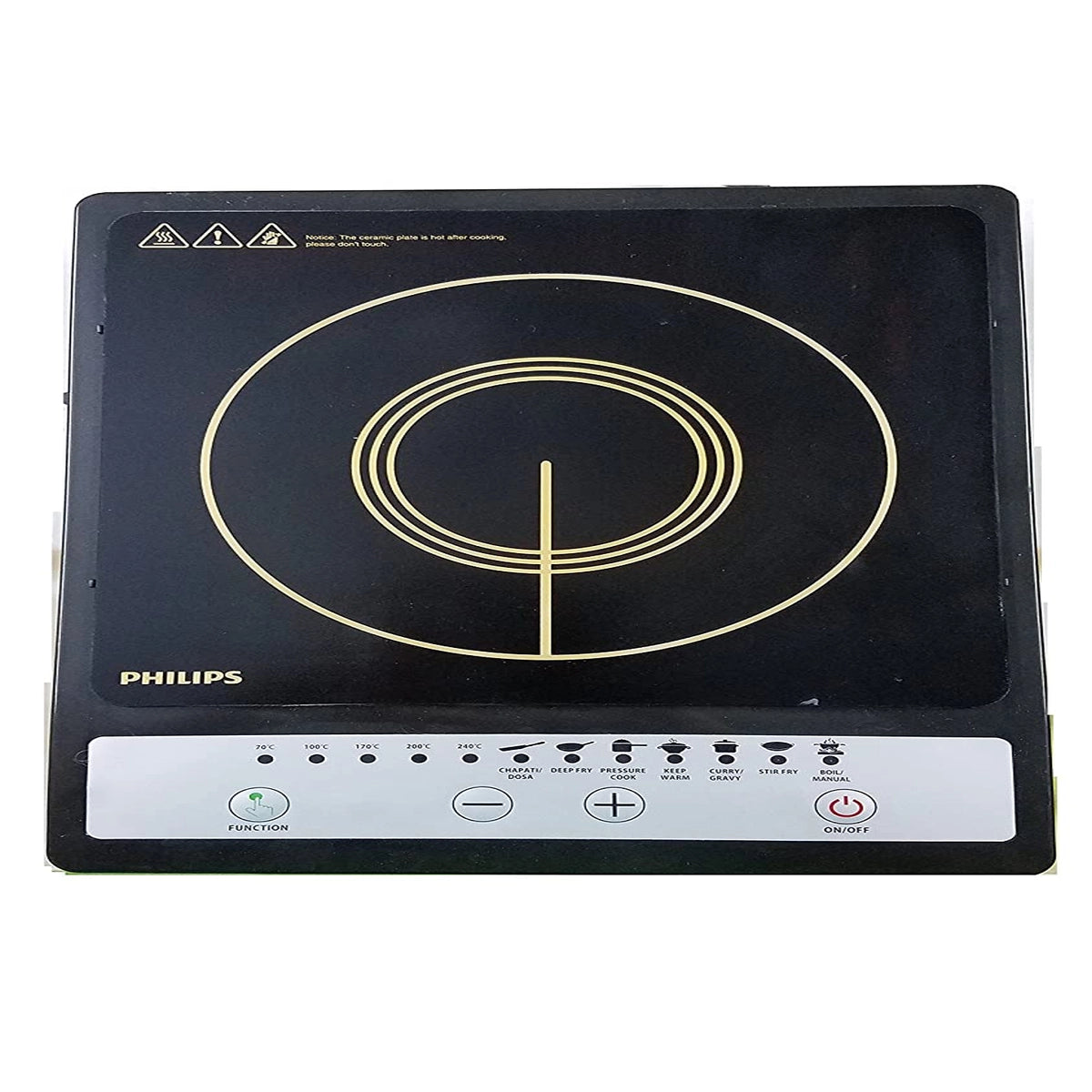 Philips HD4920/00 induction cooktop control panel showing Chapati/Dosa, Deep Fry, Pressure Cook, Keep Warm, Curry/Gravy, Stir Fry and Boil/Manual menus