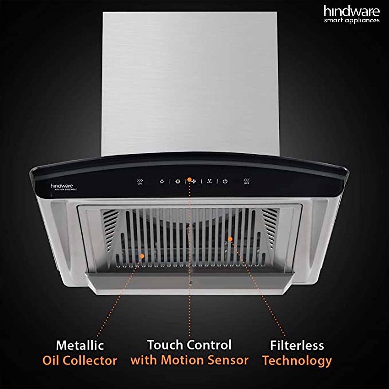 Hindware Nadia 60 cm 1200 m3/hr Filterless Auto-Clean Kitchen Chimney with MS and Touch Control (Inox, C100218)