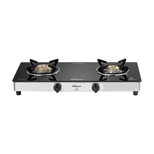 Sunflame Crystal Nova 2 Burner Gas Stove | Dual Drip Trays | 1 Jumbo and 1 Small Brass Burners | 2 Year Product Coverage by Sunflame | Manual Ignition | Toughened Glass Top | PAN India Presen