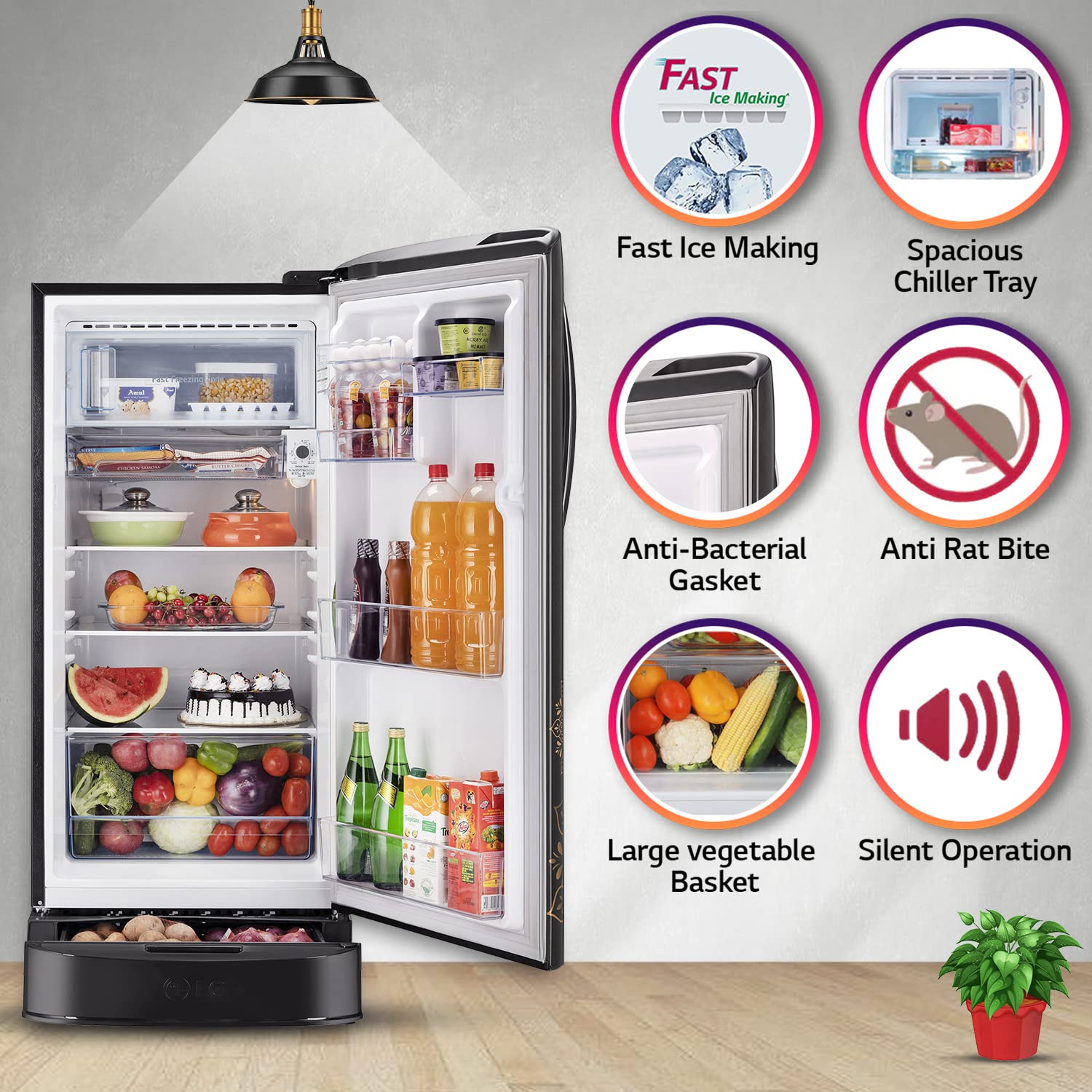 LG 204 L 5 Star Inverter Direct-Cool Single Door Refrigerator (GL-D211HERZ, Ebony Regal, Base stand with drawer, 2022 Model)