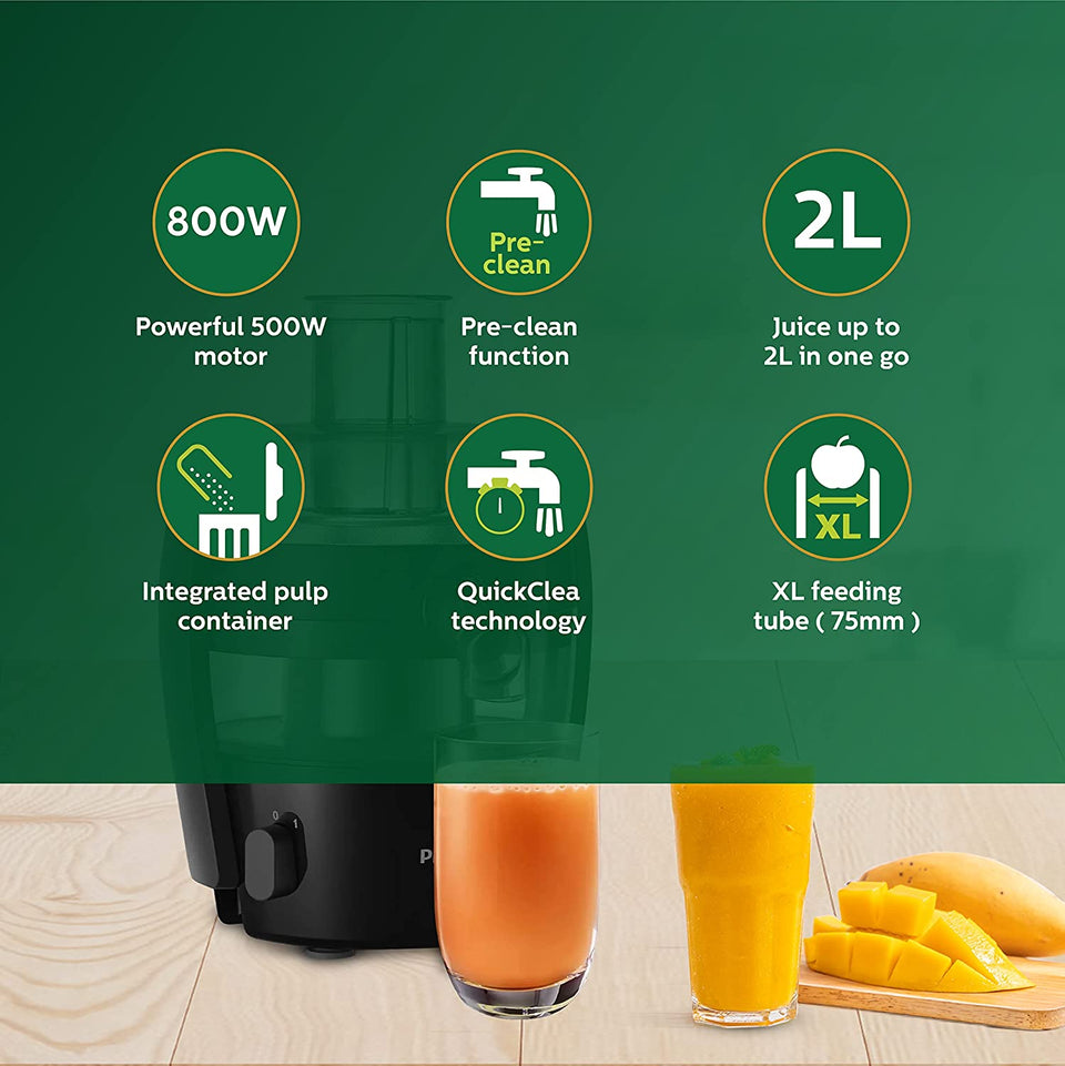 Philips HR1863/20 juicer feature graphic showing motor, pre-clean, 2 L capacity, pulp container, QuickClean and XL feeding tube icons