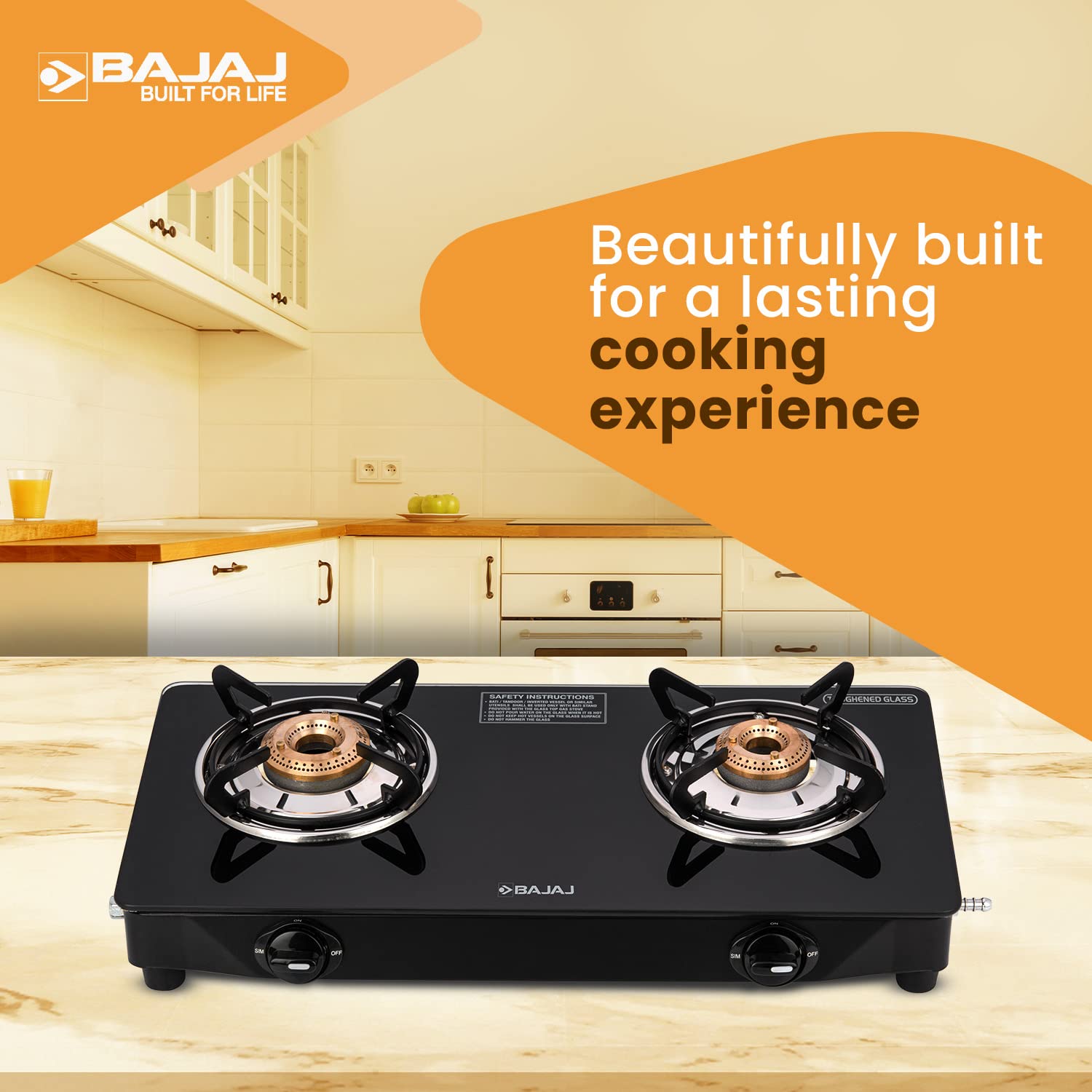 Bajaj UCX 2B Powder Coated Glasstop Gas Stove, 2 Burners, Black