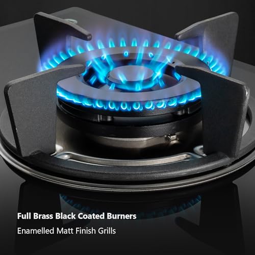 KAFF FBB 603 Built-in Hob/Hobtop 3 Burners, Auto Electric Ignition Glass Top, 60 CM, Full Brass Burner, 8 MM Thick Toughened Glass Bevelled Black Tempered Glass (Black)