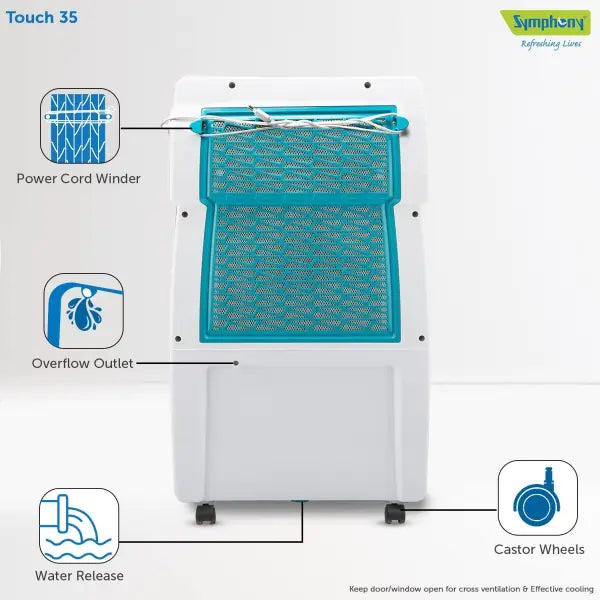 Symphony Touch 35 Personal Air Cooler with Honeycomb Pads (35L, White)