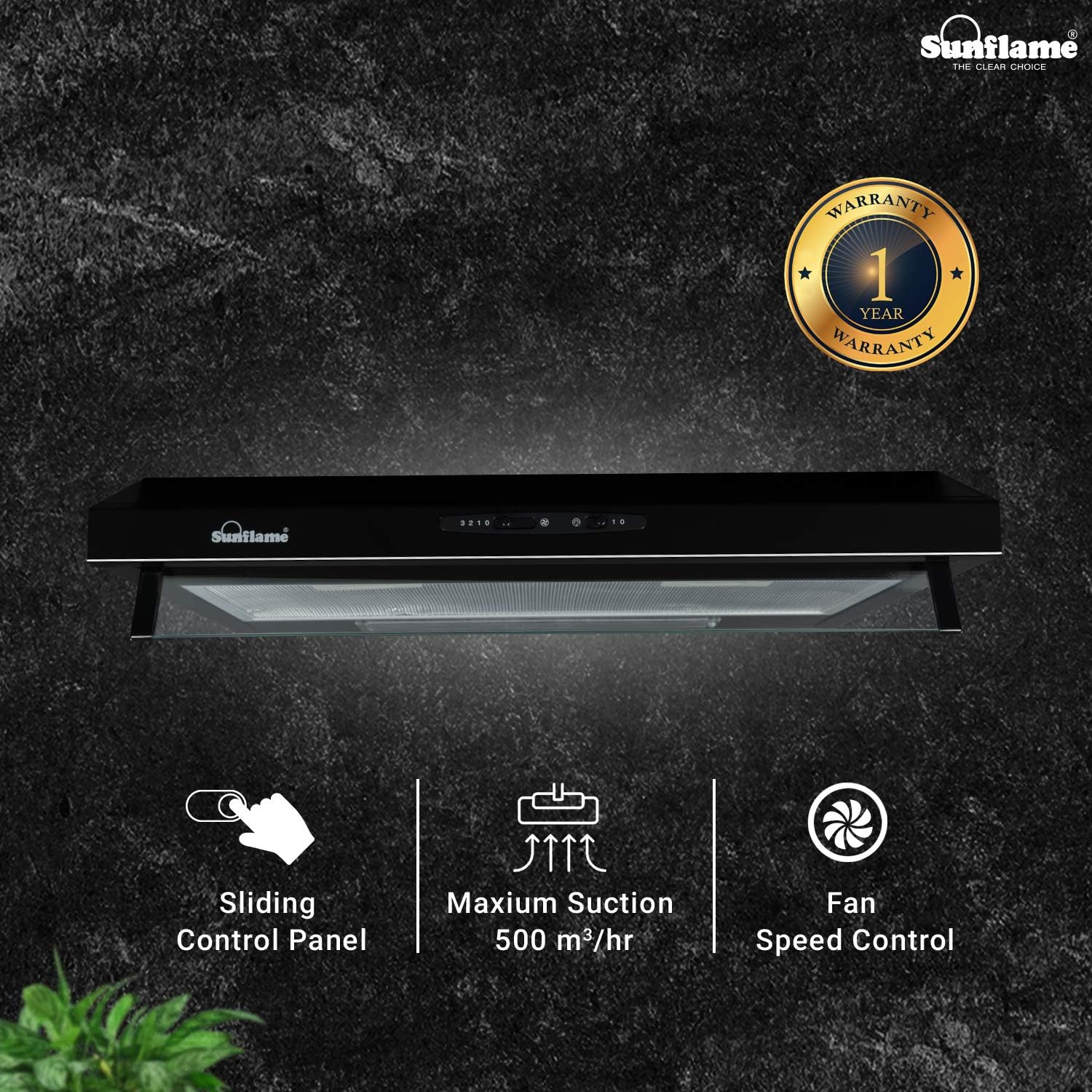 Sunflame SLIM 60 BK CF, 60 cm, 500 m??/hr Chimney (Cassette Filter, Sliding Controls, Black Powder-Coated Finish)