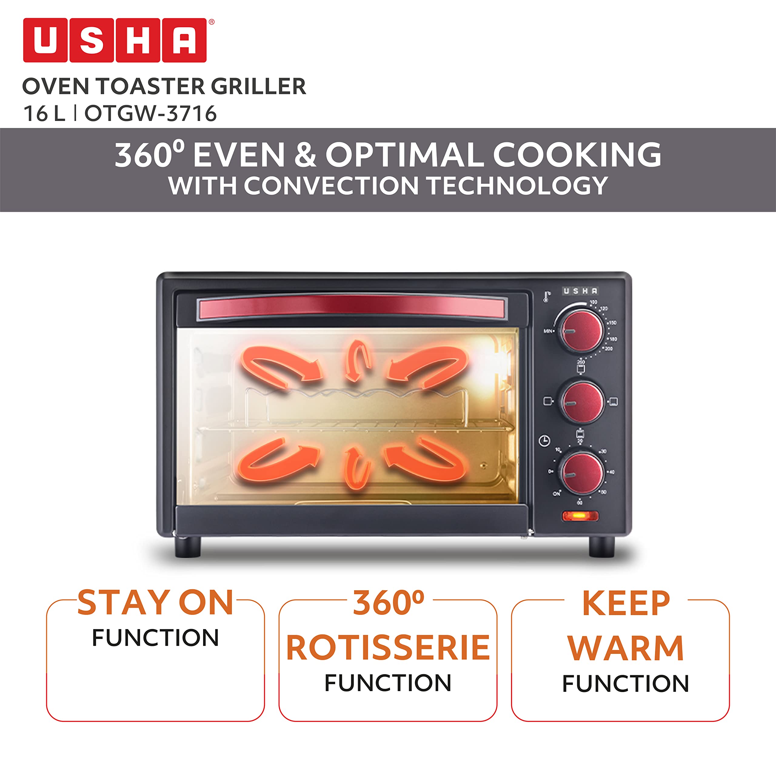 Usha 3716 16 Liters Oven Toaster Grill with 5 Accessories, 1200 W, 3 mode Heating Function(Maroon)