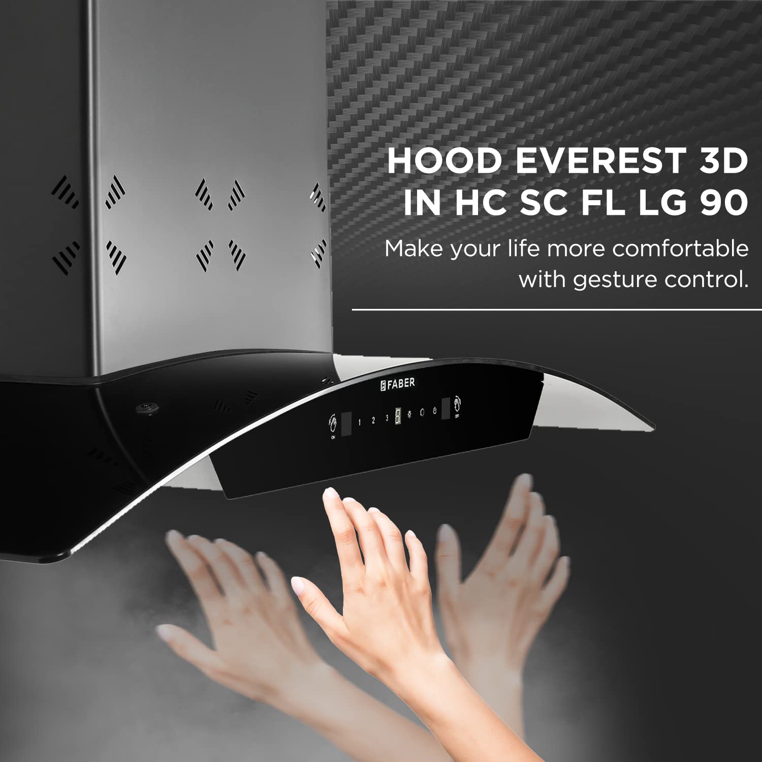 Faber90cm 6 way Silent Suction,1250m3/hr, Autoclean Chimney, 12Yr Warranty on Motor(2Yr Comprehensive) Autoclean Alarm(HOOD EVEREST 3D IN HC SC FL LG 90, Filterless, Touch&Gesture Control, Li