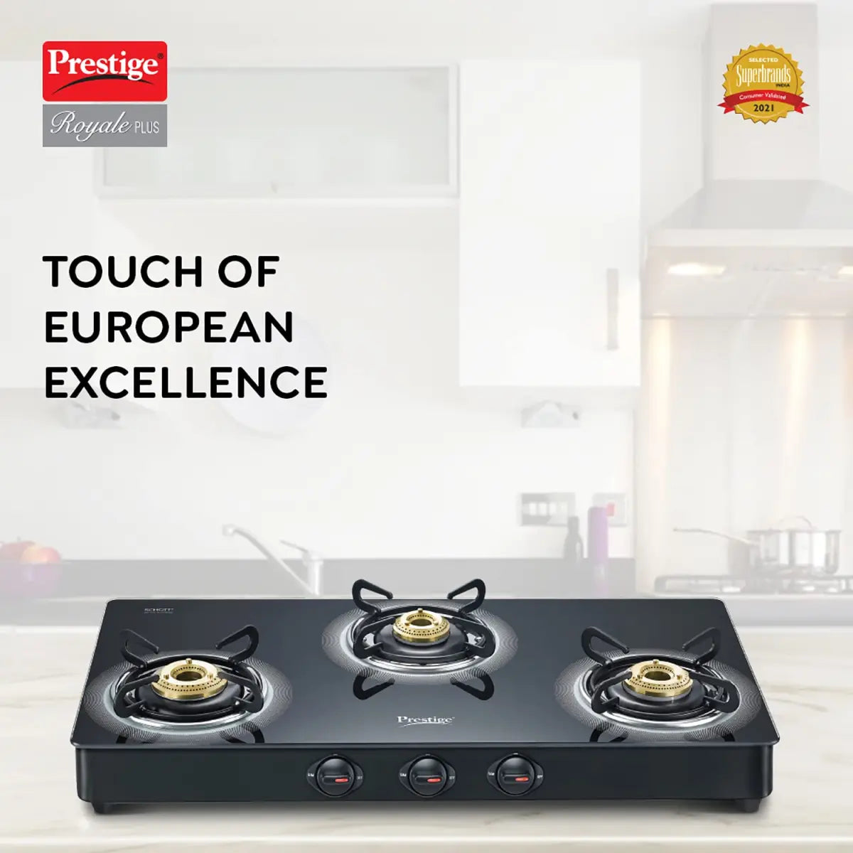 Prestige ROYALE PLUS SCHOTT GLASS TOP GT 03 3 Burner Glass Manual Gas Stove 40177