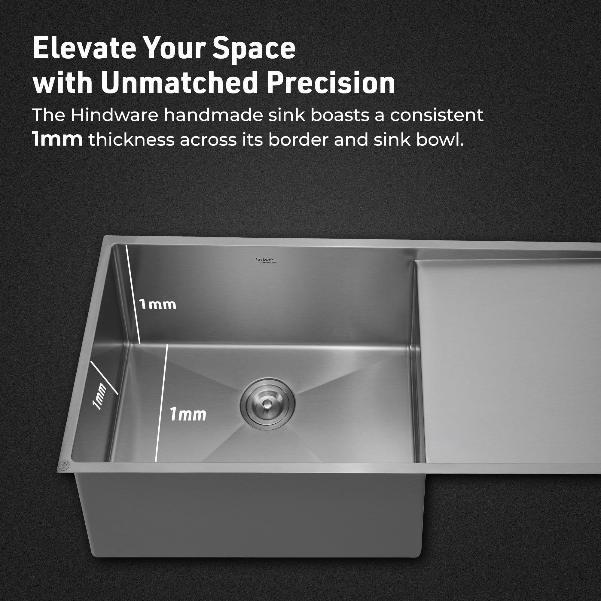 Hindware Kitchen Sink, Stainless Steel, Handmade Single Bowl Single Drain Board Kitchen Sink (Marino Neo 31x19x9)
