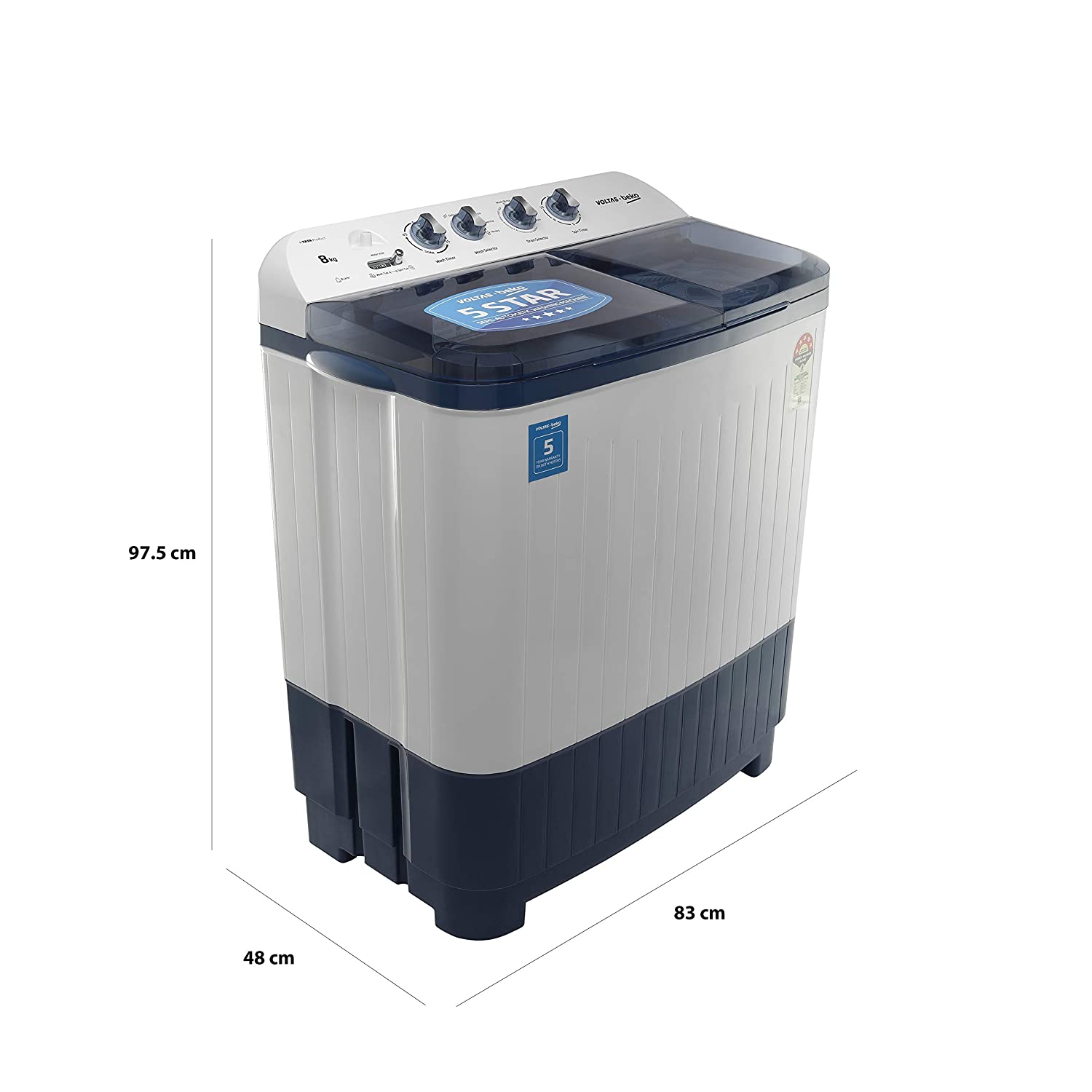 Voltas Beko 8 kg Semi-Automatic Top Loading Washing Machine, 2 Casette Filter (WTT80DBLT, Sky Blue)