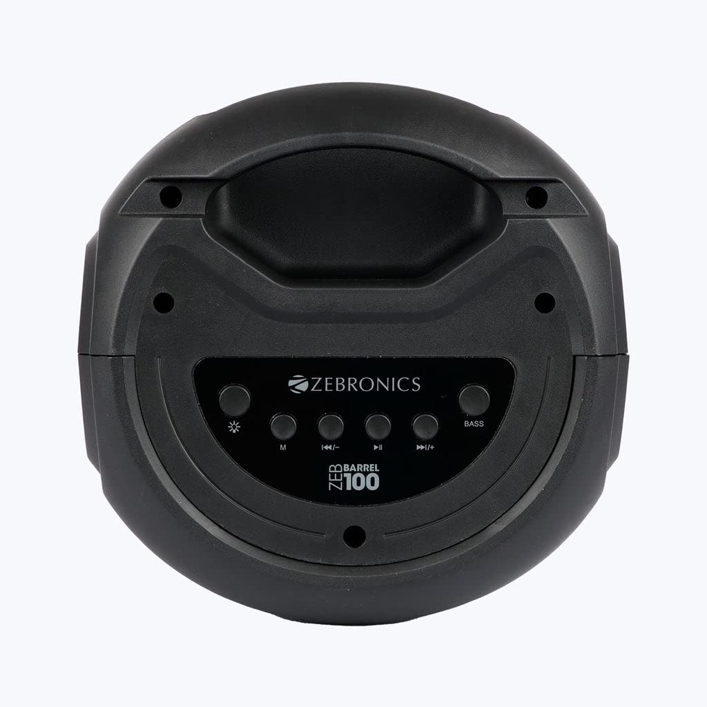 ZEBRONICS Zeb-Barrel 100 Wired mic Included,BT v5.0,16.51cm Full-Range Driver,RGB Lights,Mobile Holder .USB.MicroSD,AUX FM Radio,