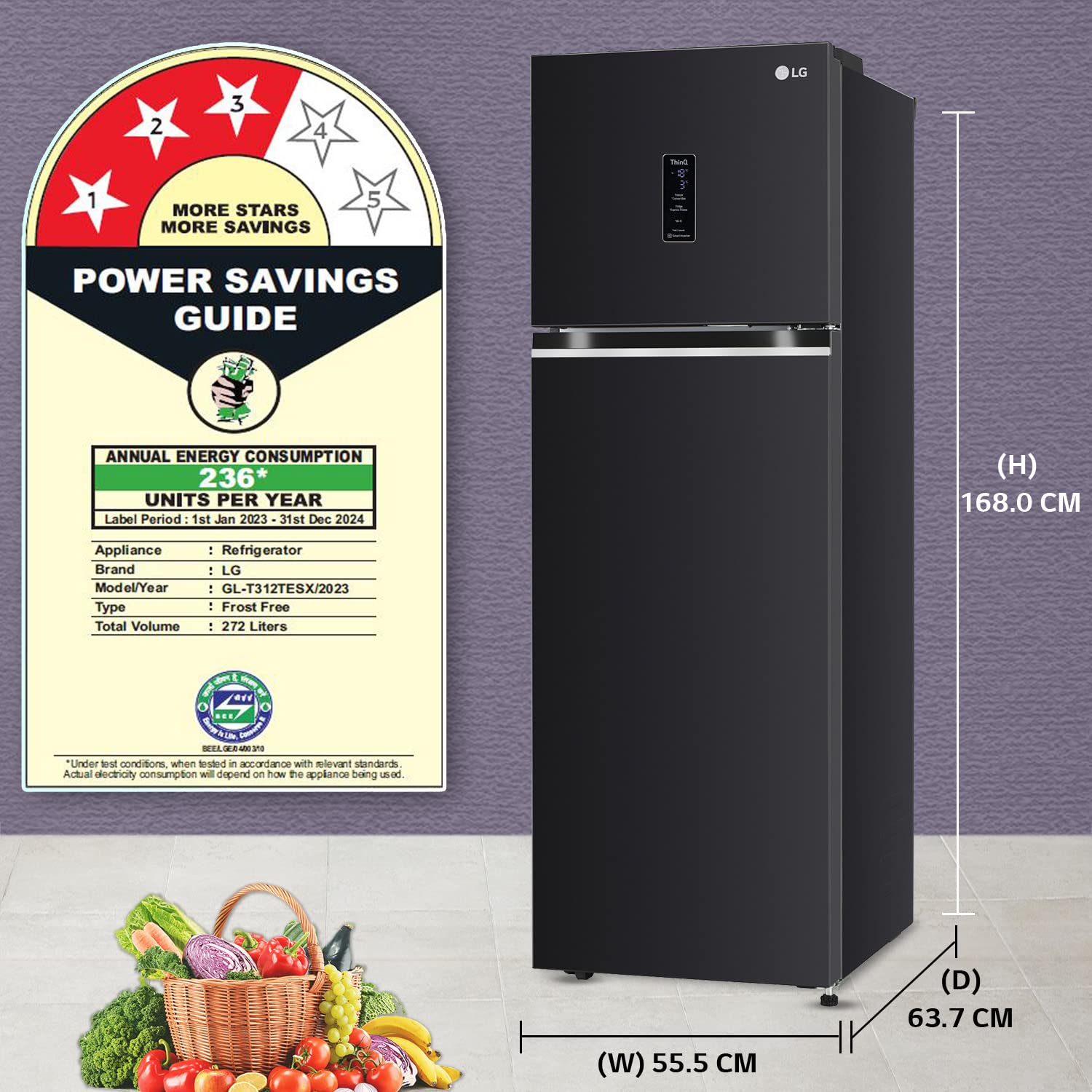 LG 272 L 3 Star Frost-Free Smart Inverter Wi-Fi Double Door Refrigerator (GL-T312TESX, Ebony Sheen, Convertible & Door Cooling+, Gross Volume – 289 Ltr.)