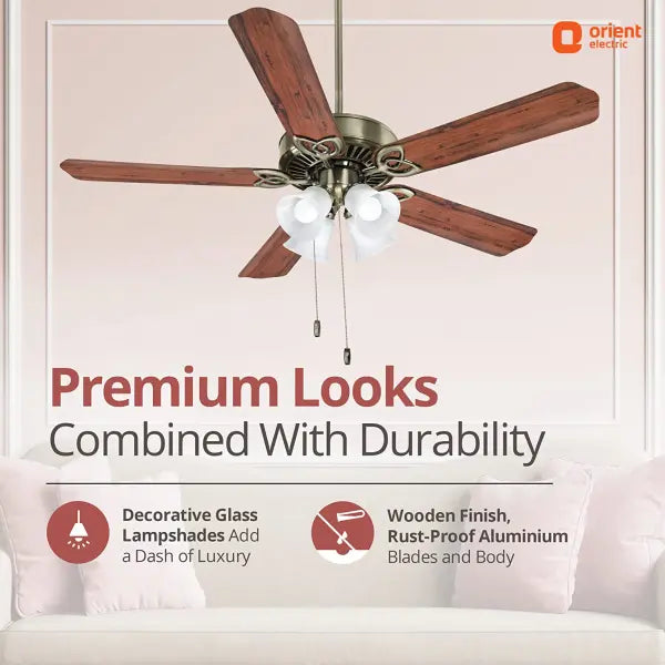 Orient Electric Subaris 1300mm Decorative Underlight 5-Blade Ceiling Fan Antique Brass