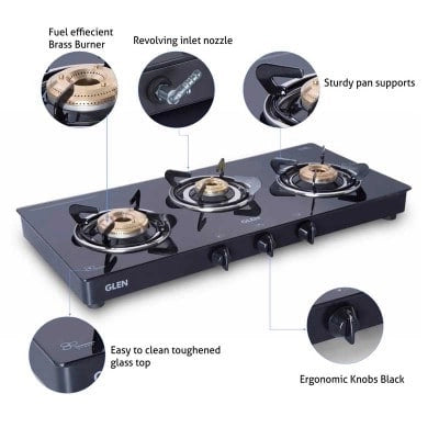 Glen 3 Burner Glass Gas Stove 1032 GT HF Black BB Double Drip Tray