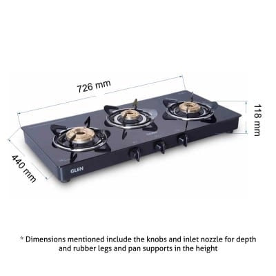 Glen 3 Burner Glass Gas Stove 1032 GT HF Black BB Double Drip Tray