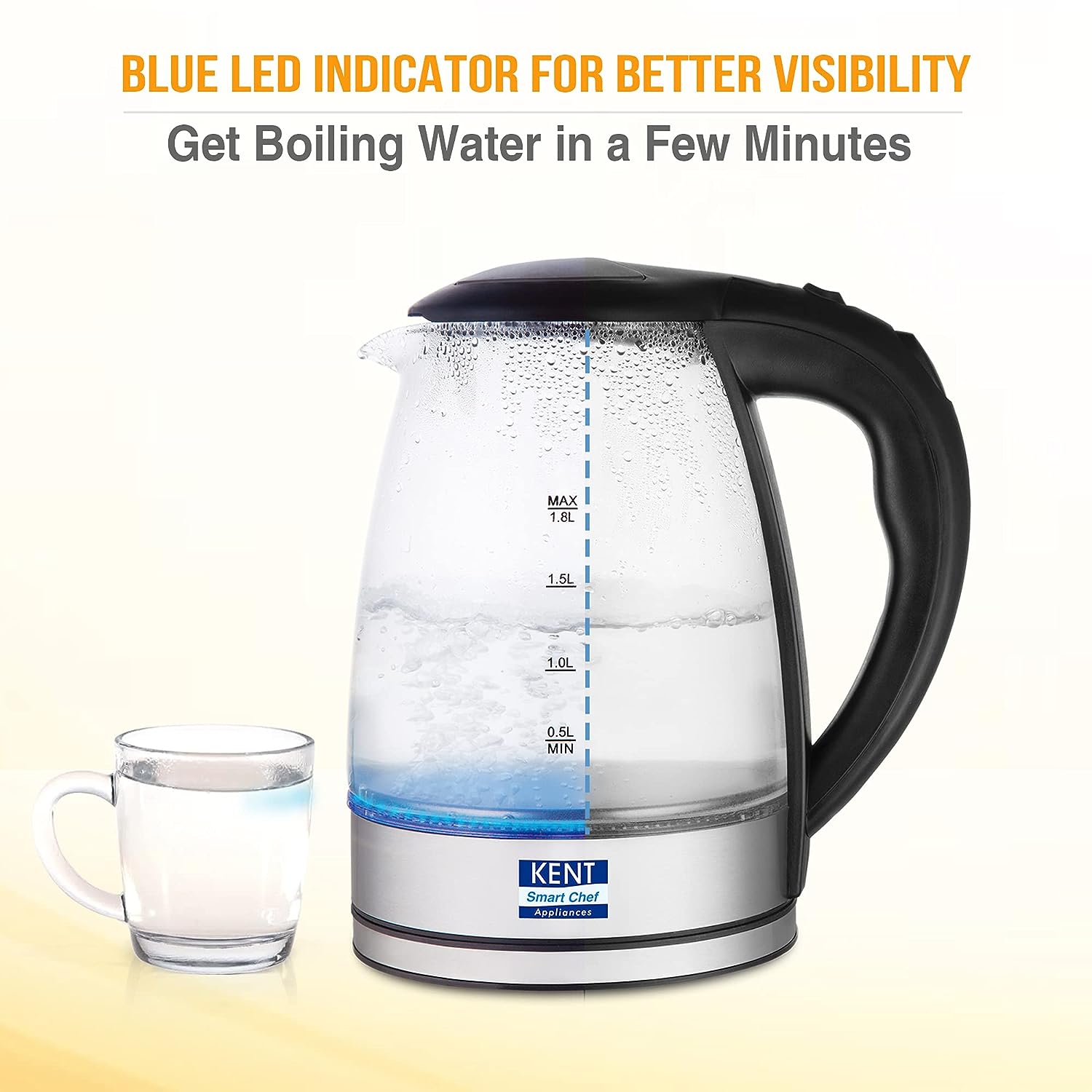 KENT 16052 Elegant Electric Glass Kettle 1.8L 2000 W