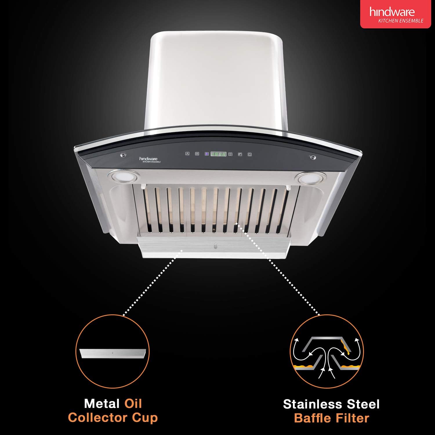 Hindware chimney Nevio 1200m3/h wall mounted auto clean with Baffle Filter - Silver, 60 cm