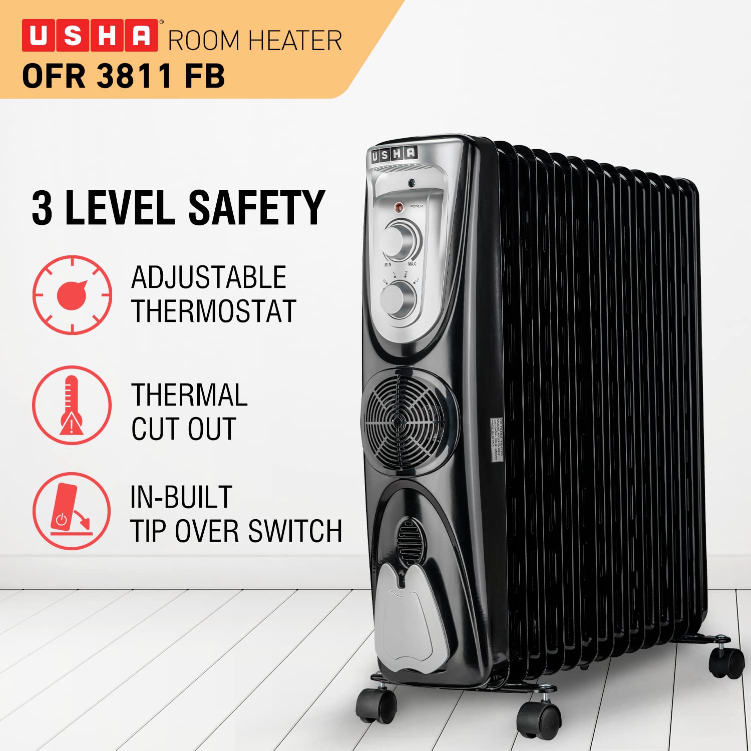 Usha 3811 FB 2300 Watt Oil Filled Radiator (Black)
