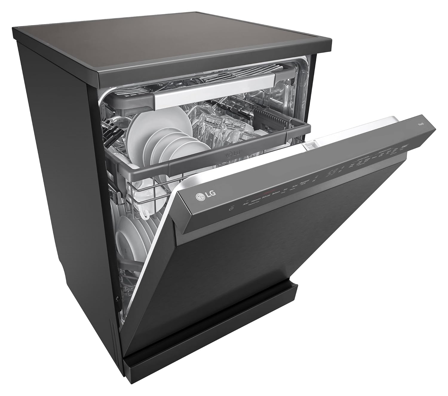 LG 15 Place Settings with TrueSteam Technology Freestanding Dishwasher (DFB435FM, Matte Black, Auto Open Door, QuadWash, EasyRack Plus-Easy to load all types of utensils, Direct Drive Motor & Wi-Fi)