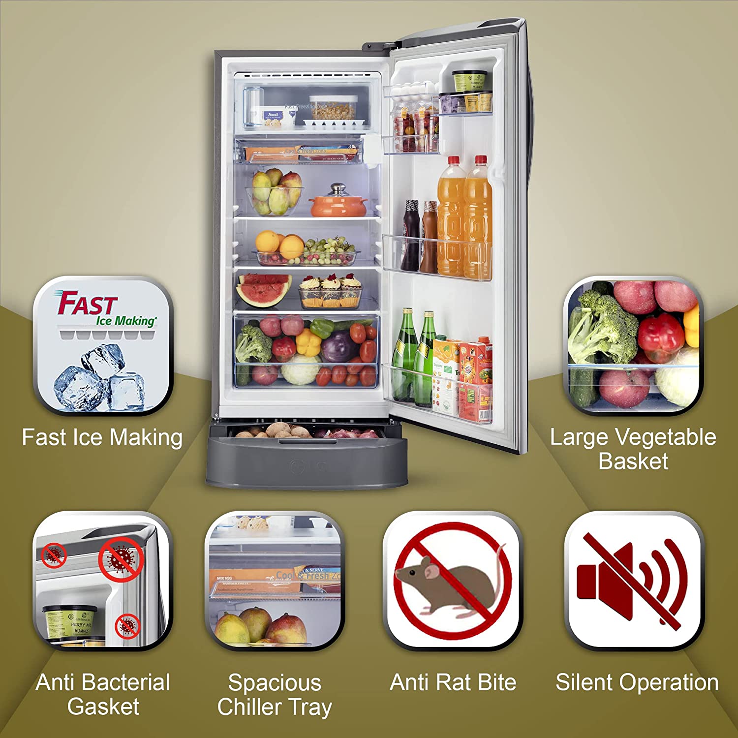 LG 201 L 5 Star Inverter Direct-Cool Single Door Refrigerator (GL-D211CPZU, Shiny Steel, Base stand with drawer)