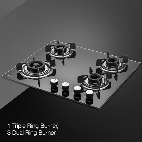KAFF CRISTA CRH 604 Built-in Hob/Hobtop 4 Burners, Auto Electric Ignition Glass Top, 60 CM, Black Coated Tornado Style Burners, SS Drip Tray, 8 MM Thick Toughened Glass (Black)