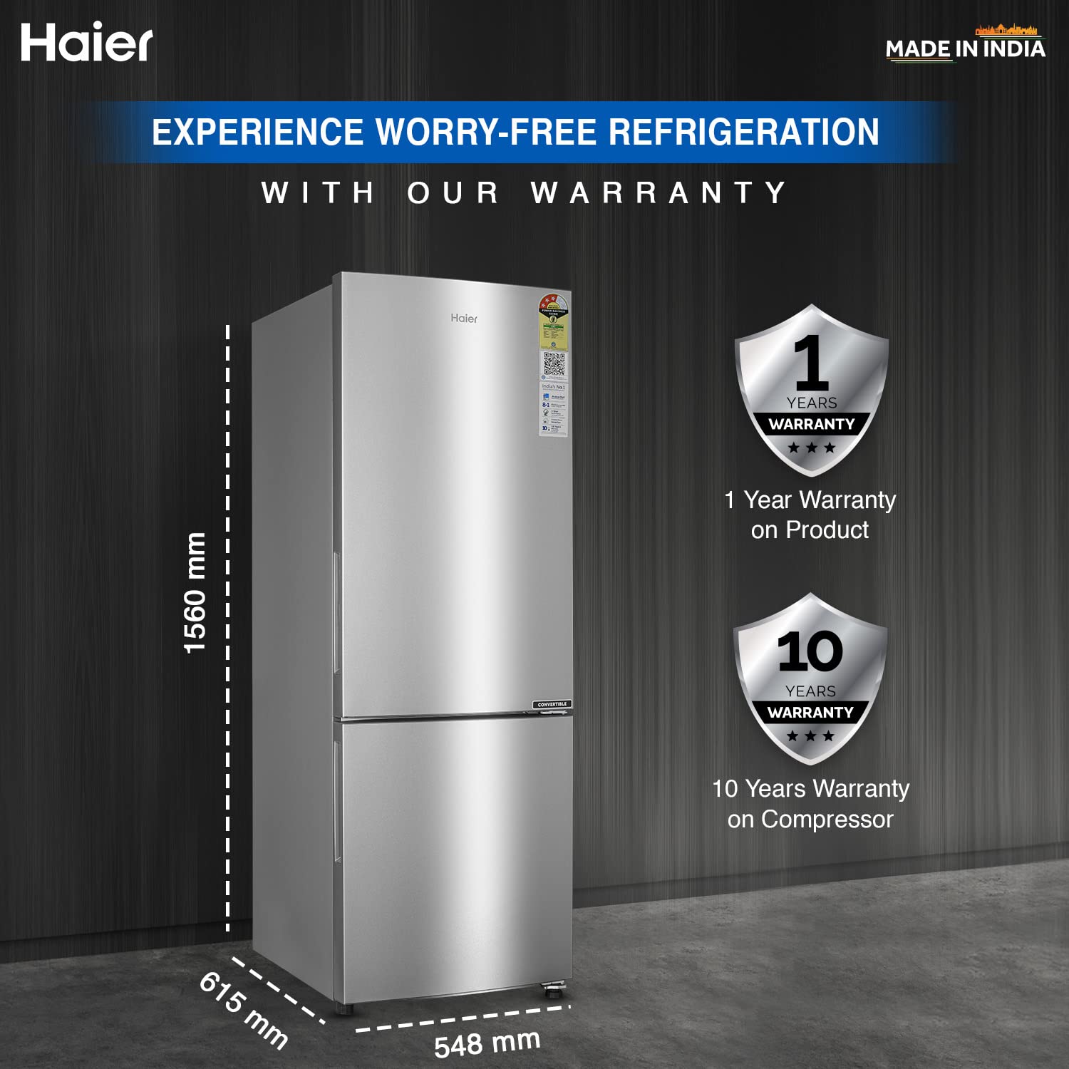 Haier 237L 3 Star Frost Free Inverter Double Door Bottom Mount Refrigerator (HEB-243GS-P, Moon Silver, Convertible)