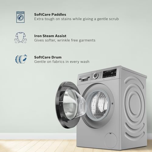 Bosch 10kg 5 Star Anti Stain & AI Active Water Plus Fully Automatic Front Load Washing Machine with Built in Heater (WGA252ZSIN, Pretreatment, Iron Steam Assist & Allergy Plus, Silver)