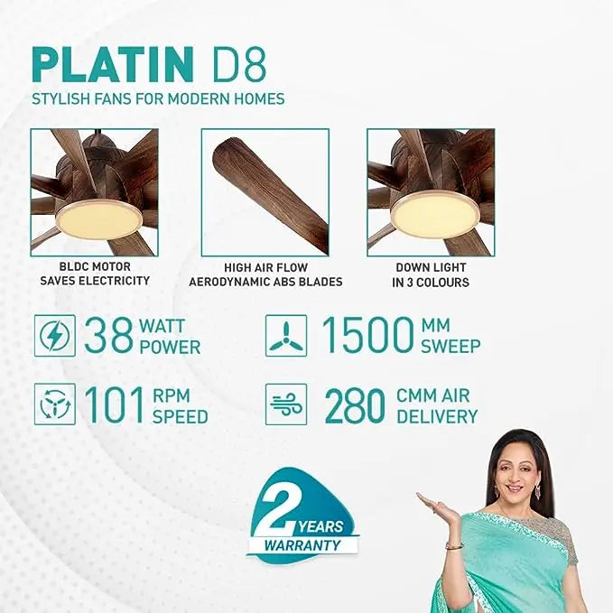 KUHL Platin D8,Teakwood, Stylish BLDC Fan| 5 Star Rated| Low Power 38W|High Air Flow| Low Noise| 8 Aerodynamic ABS Blades| Down Light | 1500 mm Sweep |Operate on Remote - Mobile - Alexa | Reverse Mode