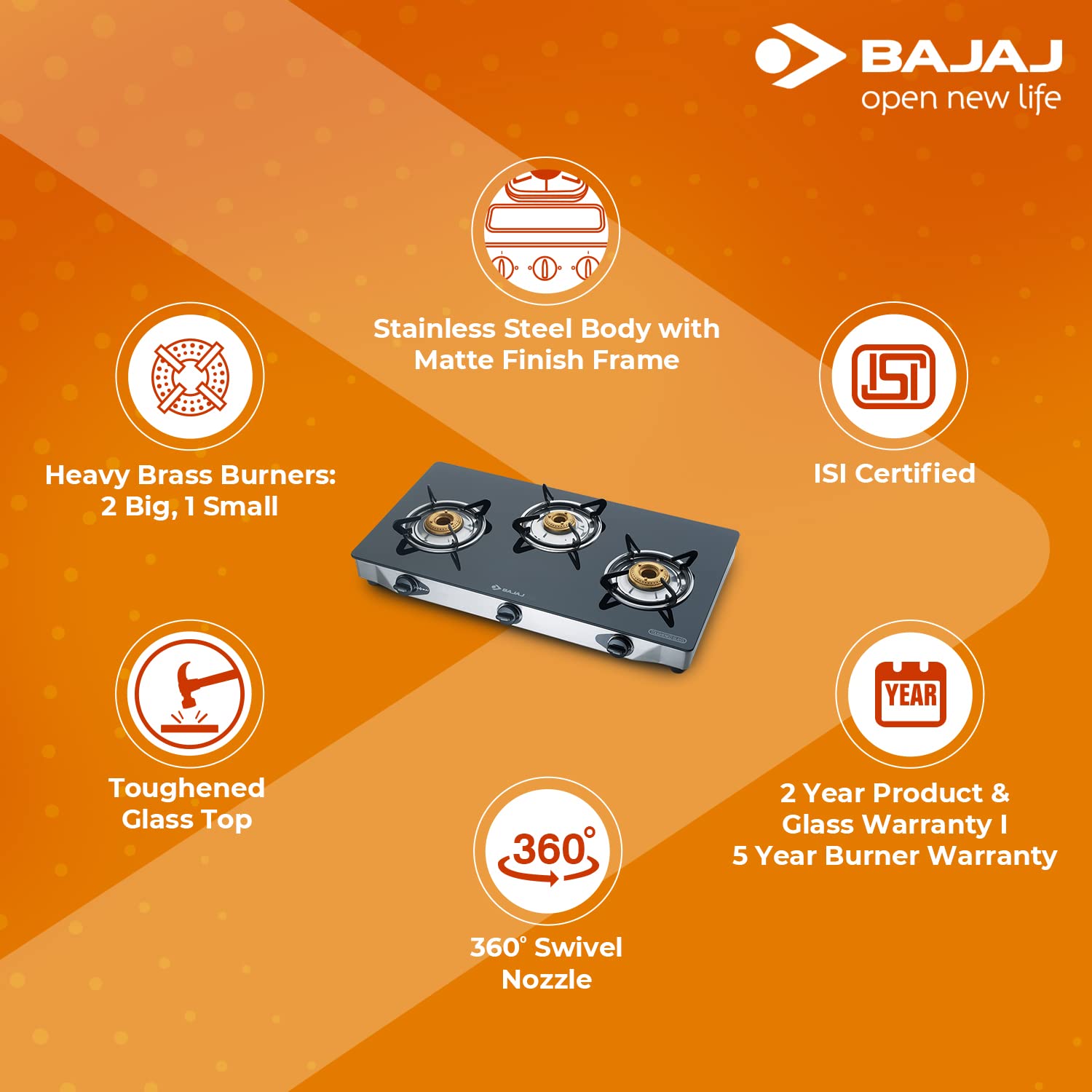 Bajaj CGX3, 3-Burner Open Stainless Steel Glass, ISI Certified, Gas Stove (Black, Manual Ignition)