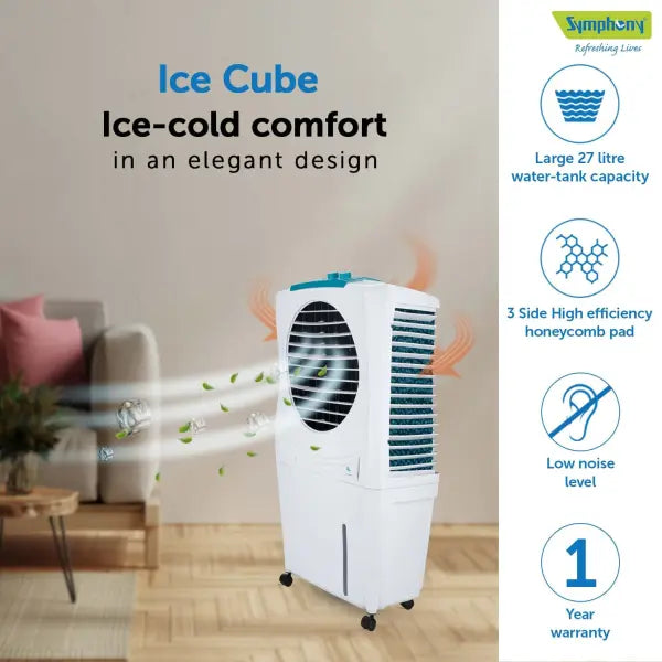 Symphony Ice Cube 27 Personal Room Air Cooler 27-litres with Powerful Fan, 3-Side Honeycomb Pads, Multistage Air Purification & Low Power Consumption (White)