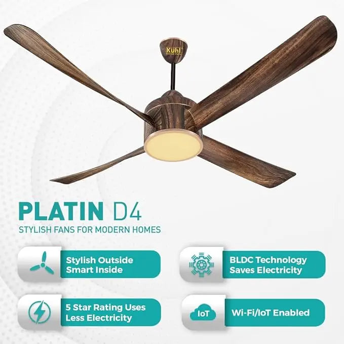 KUHL Platin D4, Teakwood, Stylish BLDC Fan |5 Star Rated| Low Power 38W |High Air Flow| Low Noise|4 Aerodynamic ABS Blade| Down Light | 1500 mm Sweep| Operate on Remote - Mobile - Alexa |Reverse Mode