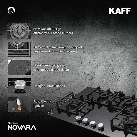 Kaff NVH 804 Built-in Hob |high-Efficiency Full Brass Burners | Tempered Glass with Unique Dotted Design