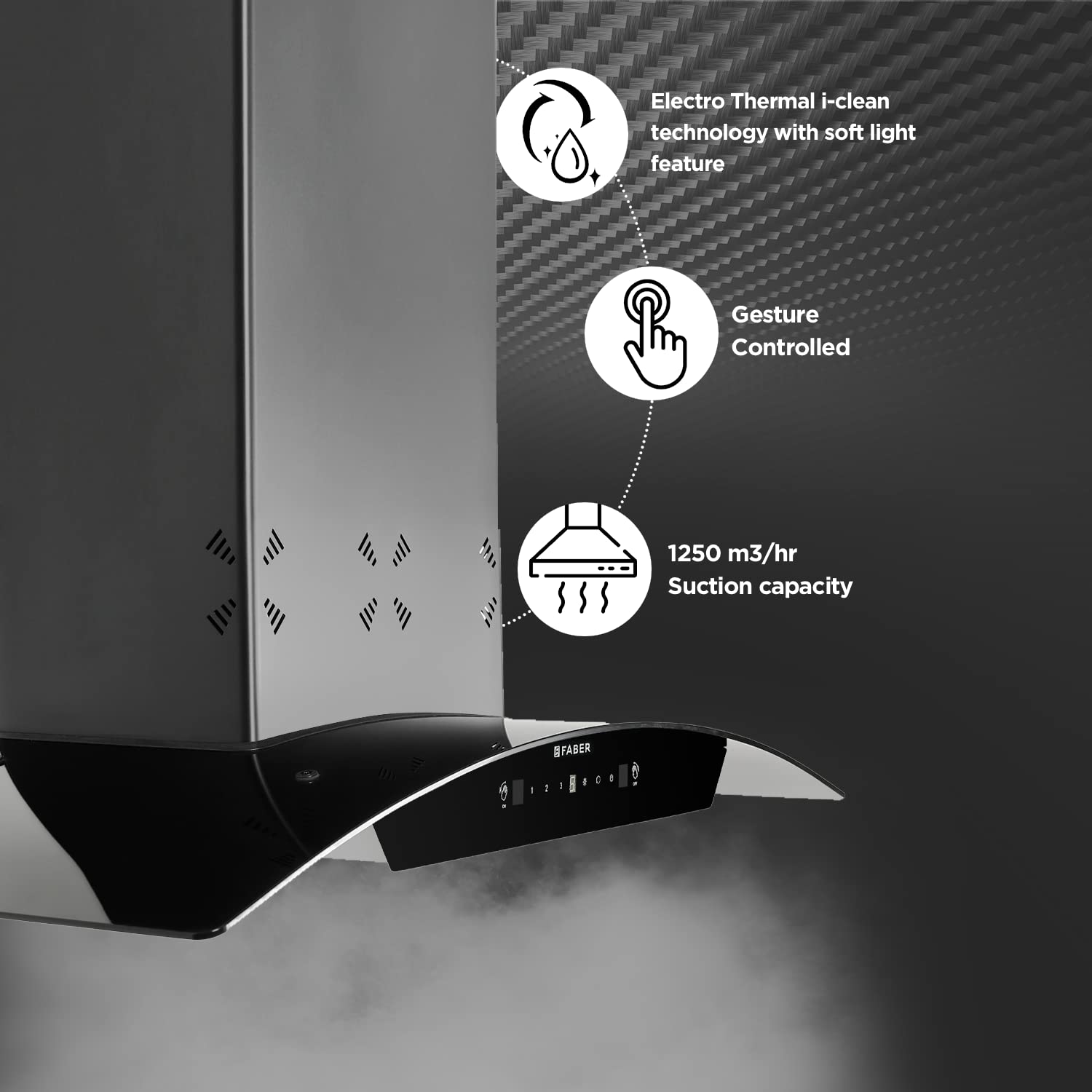 Faber90cm 6 way Silent Suction,1250m3/hr, Autoclean Chimney, 12Yr Warranty on Motor(2Yr Comprehensive) Autoclean Alarm(HOOD EVEREST 3D IN HC SC FL LG 90, Filterless, Touch&Gesture Control, Li