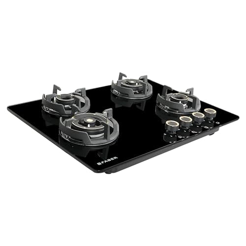 Faber 70cm 4 Burner Hob | Auto Electric | Built-In or Hobtop | Brass Burners | Cast Iron Pan Support | Glass Finish | Metal Knobs | Warranty 5 Years on Glass and Valves | HOB EXPERIA HT704 AL