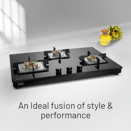 Glen 3 Burner Ultra Slim Free Standing Hob | 8 MM Toughened Glass | Black |Forged brass burners |Warranty 2 Years Standard & 5 Years Glass |1073 US BL 75 cm