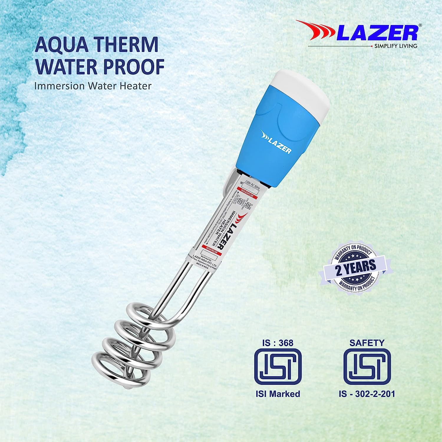 Lazer Aqua Therm 1000Watts Copper Water Proof Immersion Rod Water Heater with ISI Cerified(Blue)