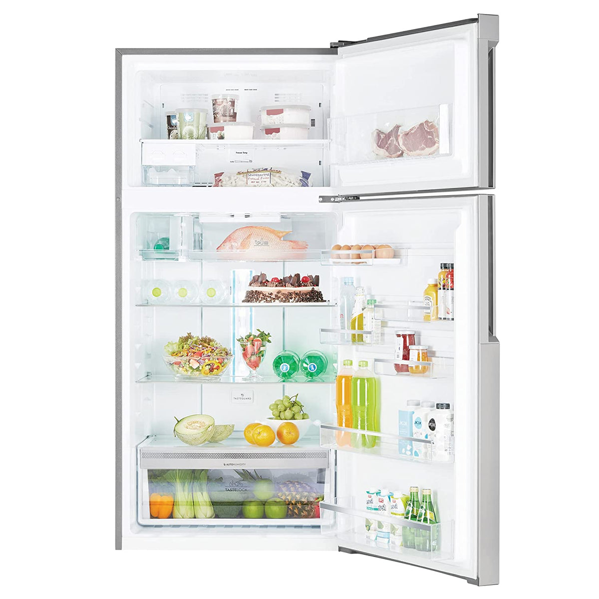 Electrolux ETE5700C refrigerator with both doors open showing shelves, door bins, freezer and crisper drawer filled with food