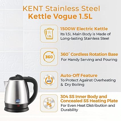 KENT Stainless Steel Vogue 1500W 1.5L Electric Kettle