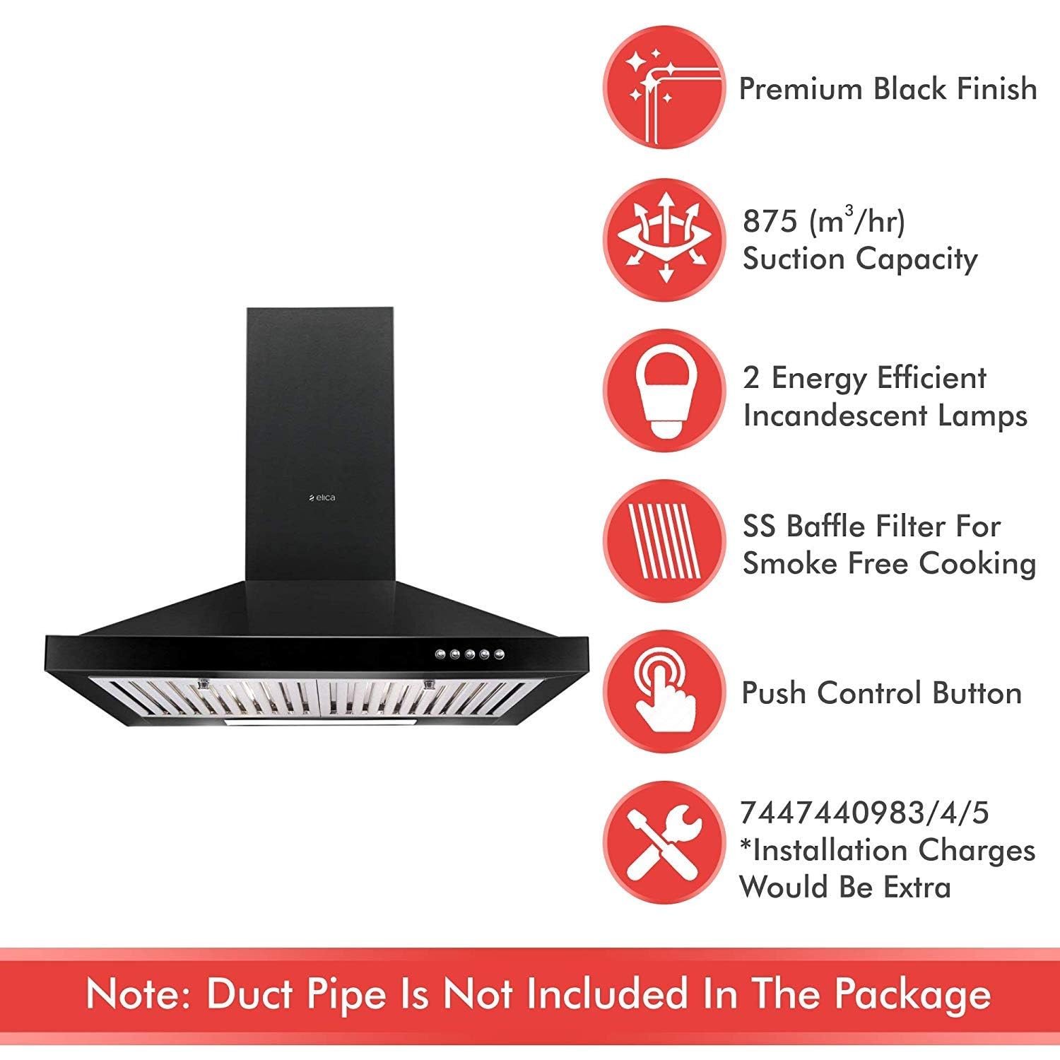 Elica Kitchen Chimney with Push Button Control 60 cm, 875 m??/hr (PBF 60 Nero)