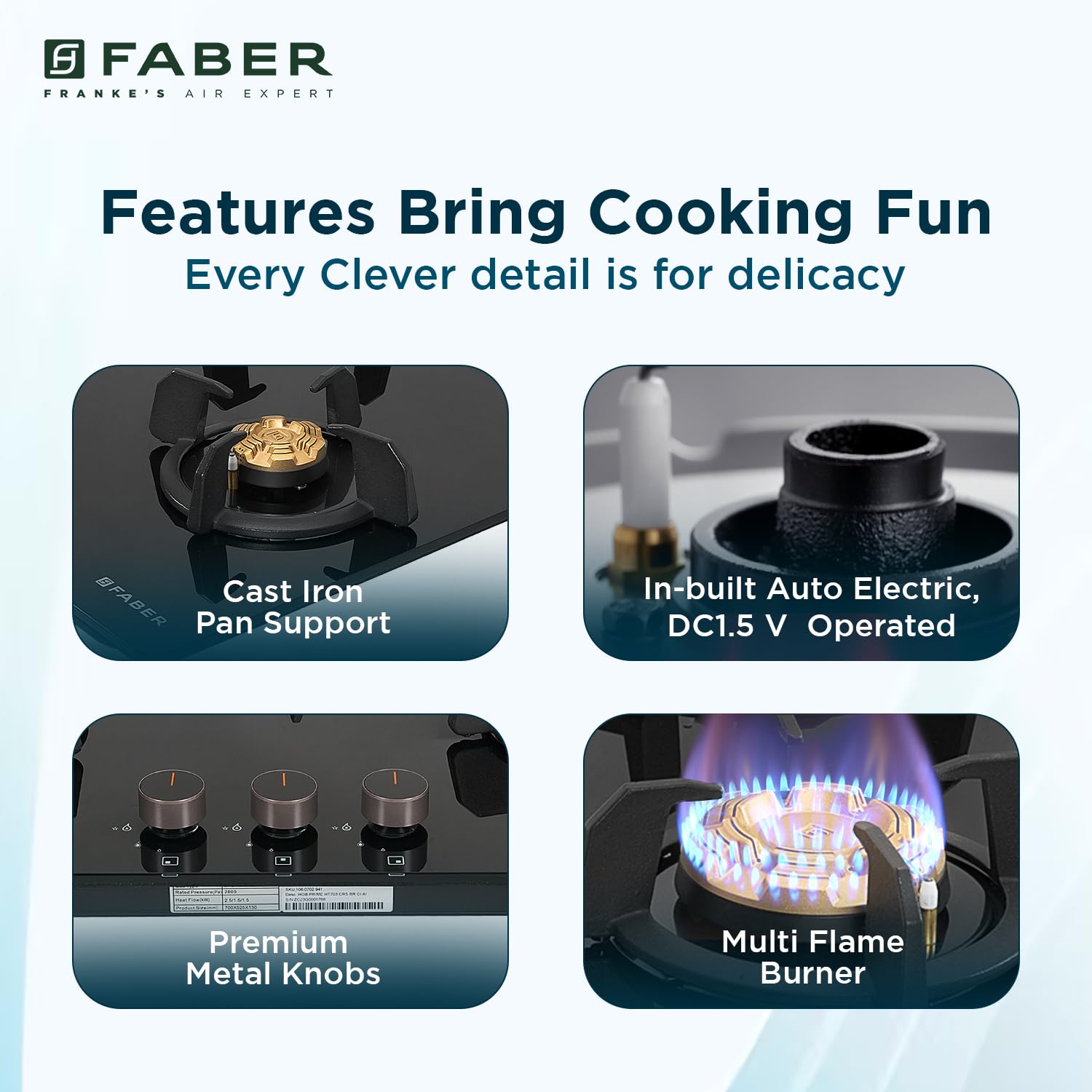 Faber 3 Burner 70cm Hob |Auto-Ignition| HOB PRIME HT703 CRS BR CI AI |Metal Knobs| Cast Iron Pan Support |Hob/Cooktop Hybrid| Black Glass Finish |5 Yr Warranty on Glass,Valve & 2 Yr on Burner