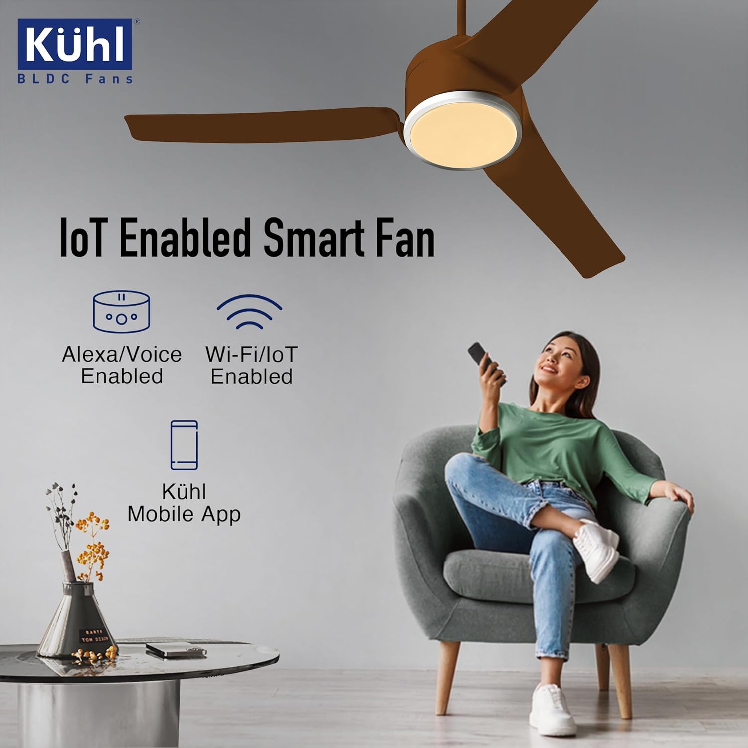 KUHL Ritzz R3 1320mm BLDC Ceiling Fan - 65% Power Saving, BEE 5 Star & ISI Marked, High Air Flow, IoT & Alexa Compatible - Brown