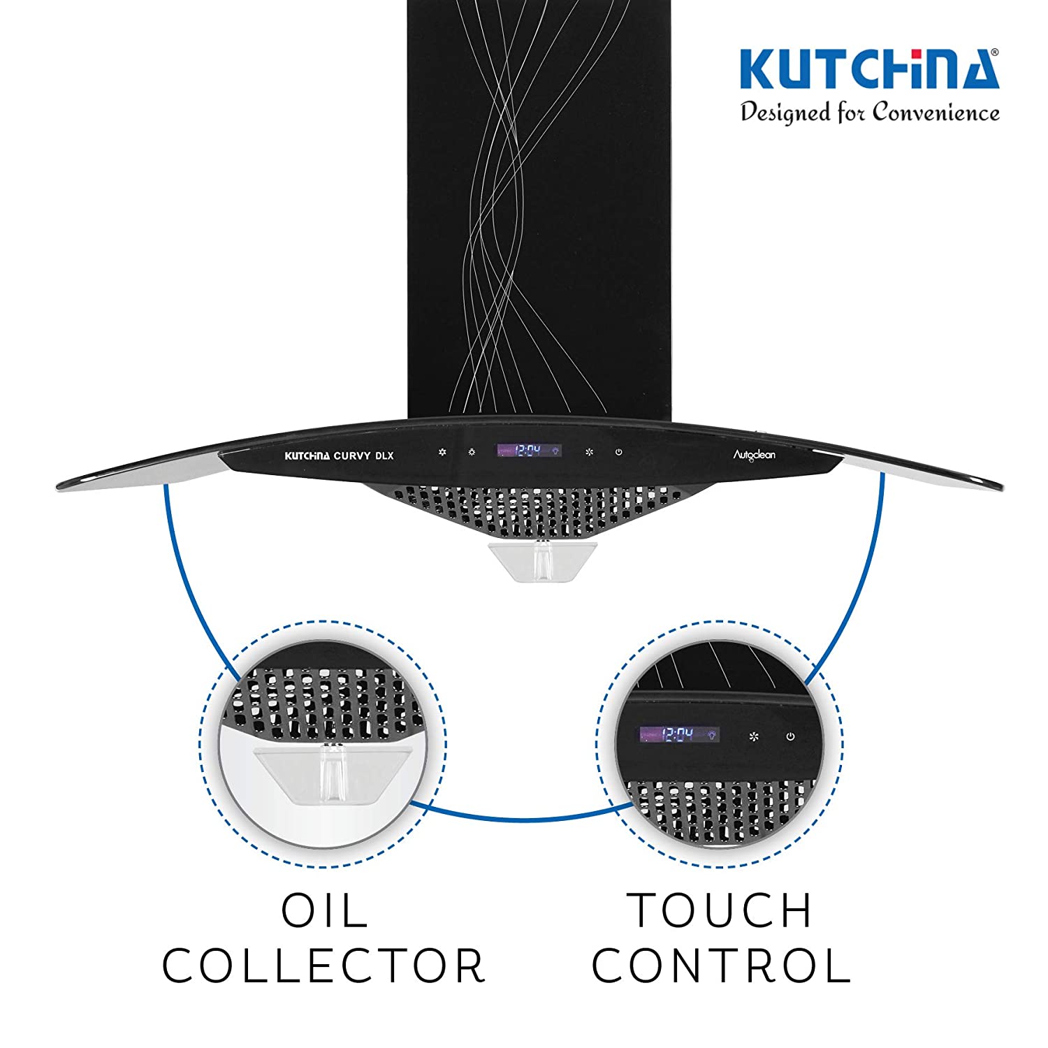 Kutchina kitchen chimney Curvy dlx 60 cm a chimni for kitchen autoclean function and a chimney with 60 cm autoclean technology with 1200 suction capacity.