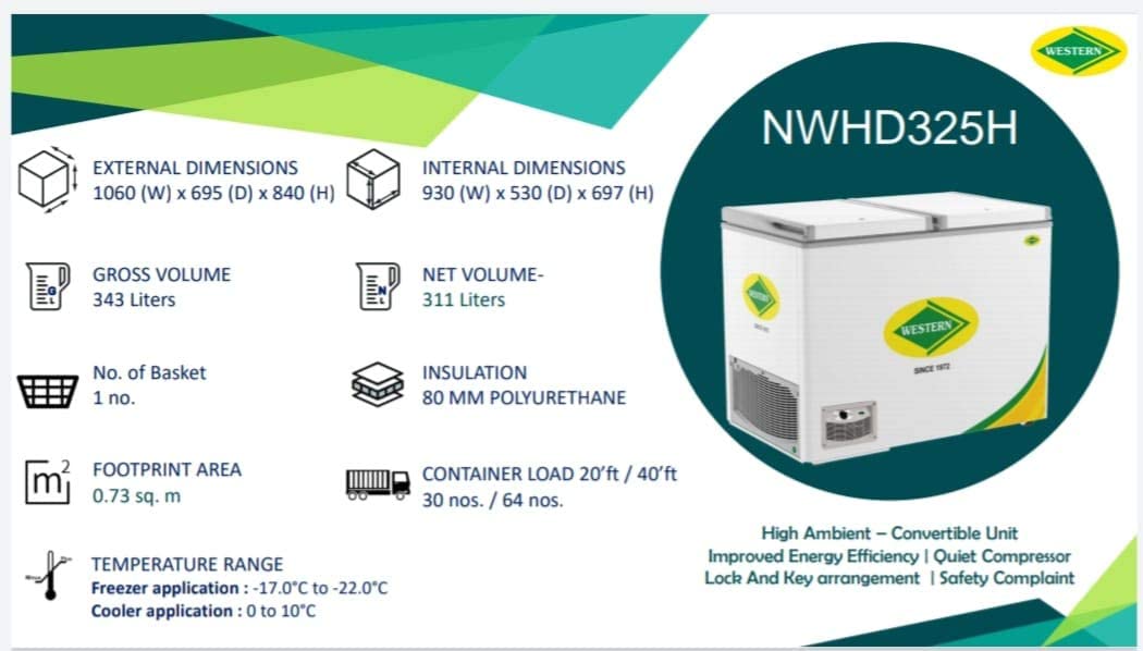 WESTERN 325 L Double Door Standard Deep Freezer  (White, NWHD325H -HC, 5 Star)