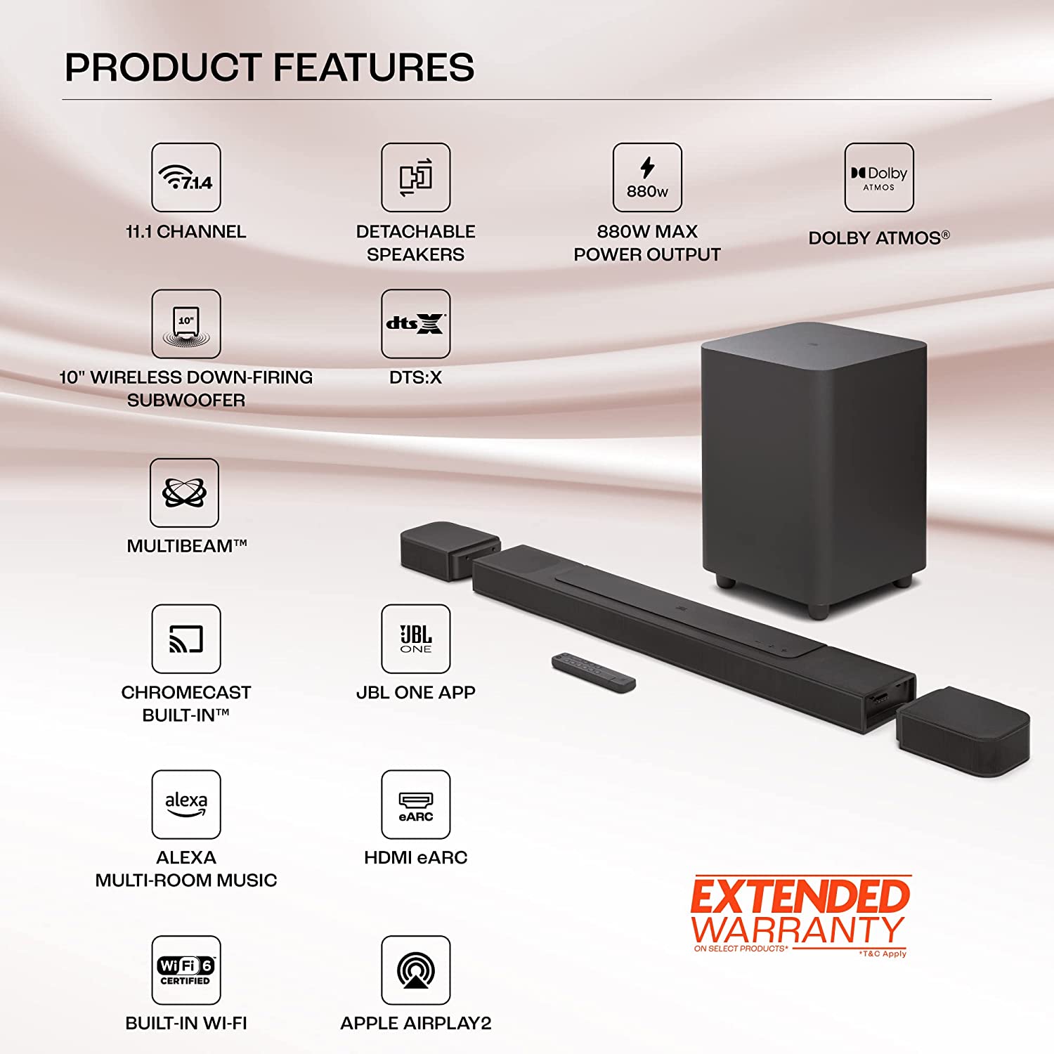 JBL Bar 1000 Pro, 11.1 (7.1.4) Channel Truly Wireless Soundbar with True Dolby Atmos®, DTS:X, and MultiBeam™ Surround Sound, 10” Down-Firing Wireless Subwoofer, HDMI eARC, BT,WiFi,Alexa, One App(880W)