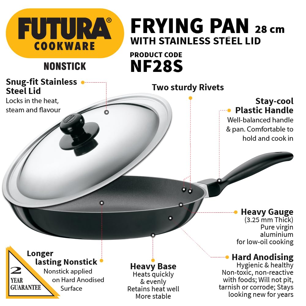 Hawkins Futura 28 cm Frying Pan, Non Stick Fry Pan with Stainless Steel Lid, Big Frying Pan, Black (NF28S)