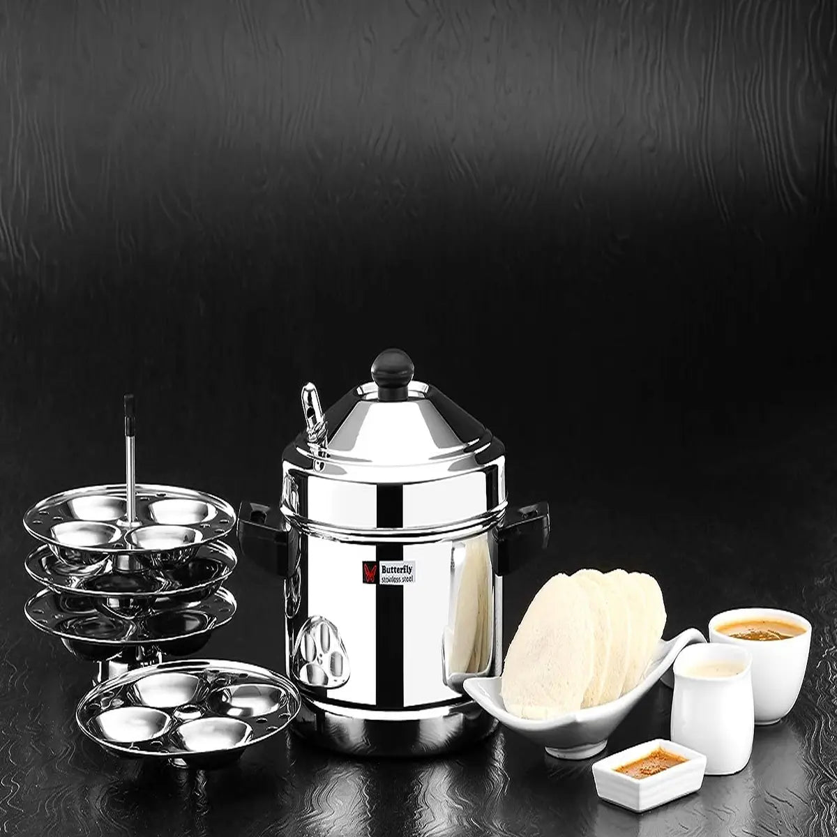 Butterfly Stainless Steel Idli Cooker, Idly Maker Set with 4 Plates, 16 idlies, Silver, Standard