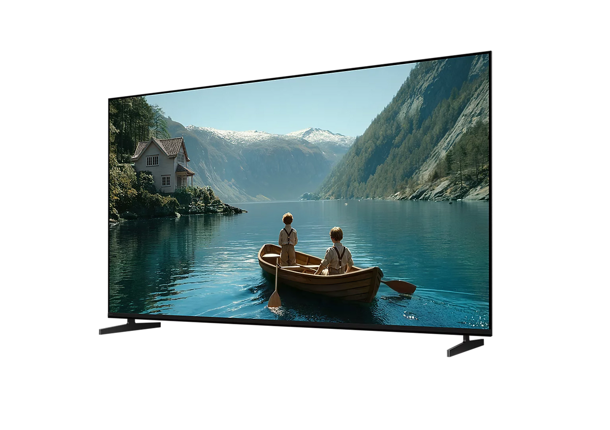 Sony 85XR35M2 TV angled view showing a slim black bezel, twin stand feet and a lake landscape on screen