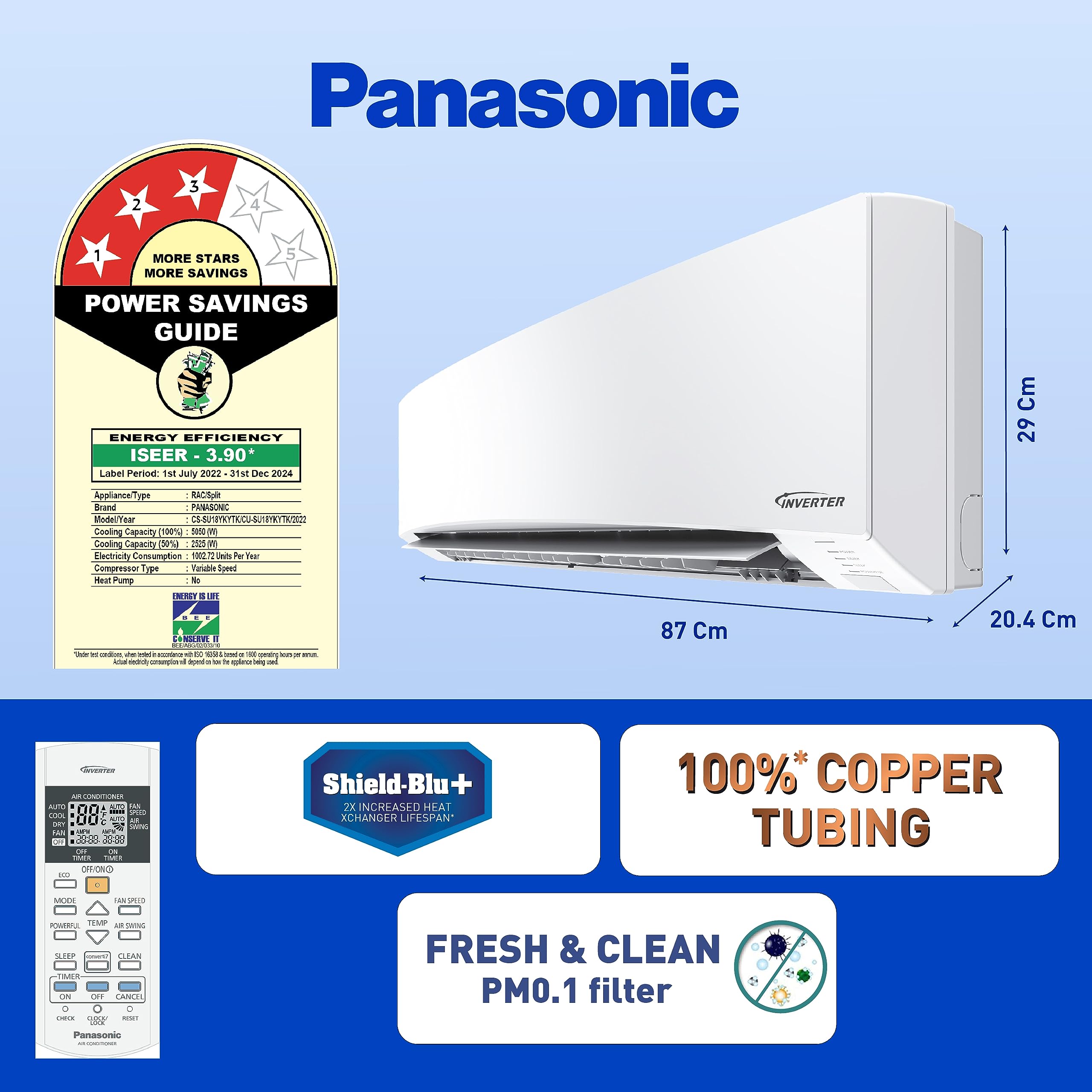 Panasonic 1.5 Ton 3 Star Split AC (Copper Condenser, 7 in 1 Convertible Mode, PM 0.1 Air Purification Filter, CS/CU-SU18YKYTK,2023 Model, White)
