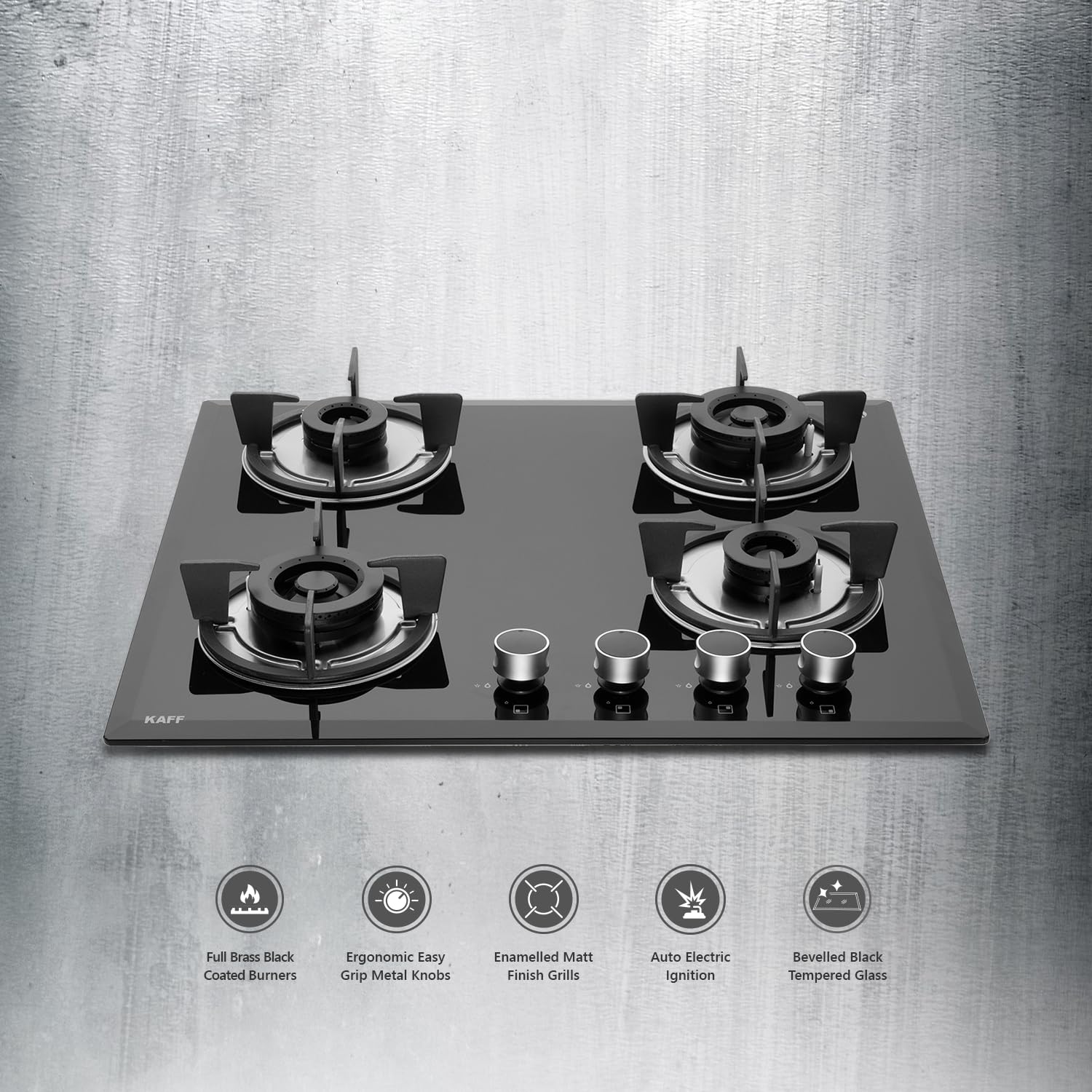 KAFF FBB 604 Built-in Hob/Hobtop 4 Burners, Auto Electric Ignition Glass Top, 60 CM, Full Brass Burner, 8 MM Thick Toughened Glass Bevelled Black Tempered Glass (Black)