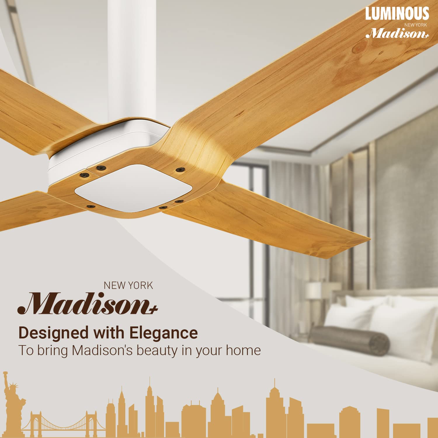 Luminous New York Madison Designer Ceiling Fan for Home and Office (Pine Wood, Brown, 1300mm)